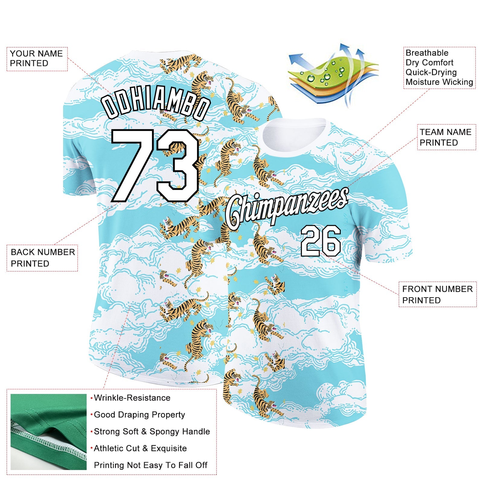 Custom Sky Blue White-Black 3D Pattern Design Animal Tiger Performance T-Shirt view 2