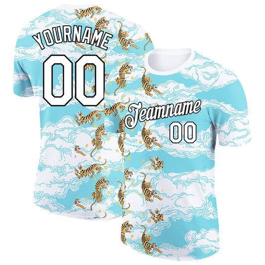 Custom Sky Blue White-Black 3D Pattern Design Animal Tiger Performance T-Shirt - Main View
