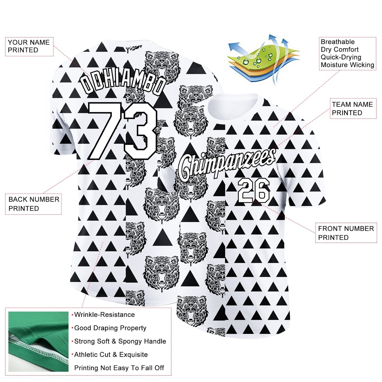 Custom White Black 3D Pattern Design Animal Bear Performance T-Shirt view 2