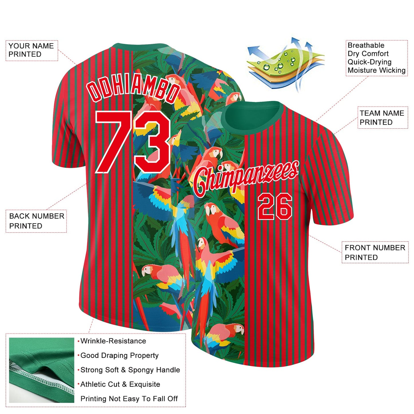 Custom Fire Red Kelly Green-White 3D Tropical Hawaii Palm Leaves And Animal Parrot Performance T-Shirt view 2