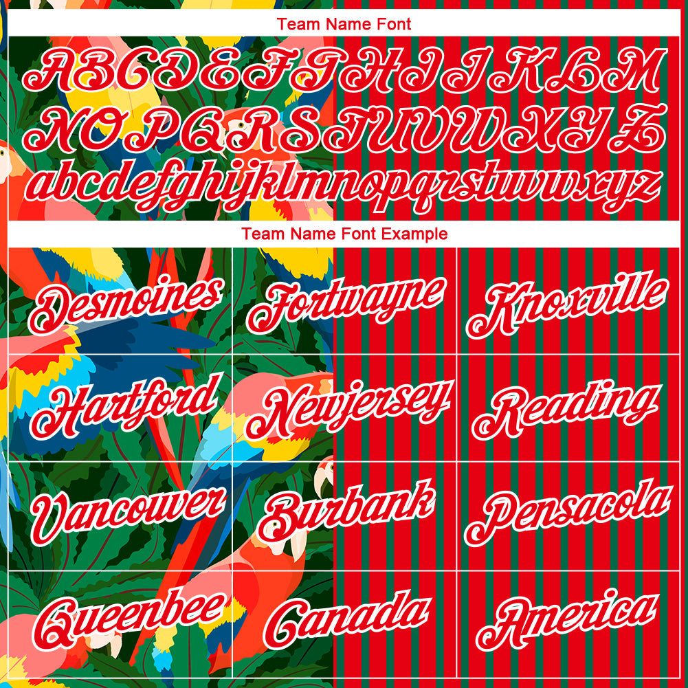 Custom Fire Red Kelly Green-White 3D Tropical Hawaii Palm Leaves And Animal Parrot Performance T-Shirt view 3