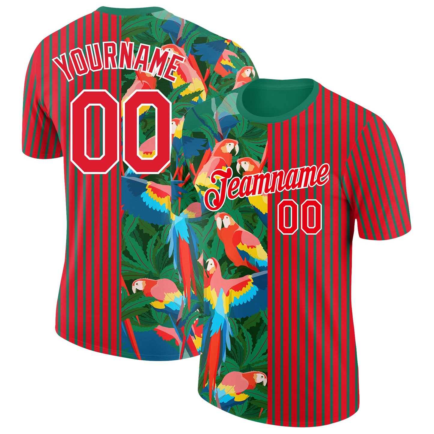 Custom Fire Red Kelly Green-White 3D Tropical Hawaii Palm Leaves And Animal Parrot Performance T-Shirt - Main View