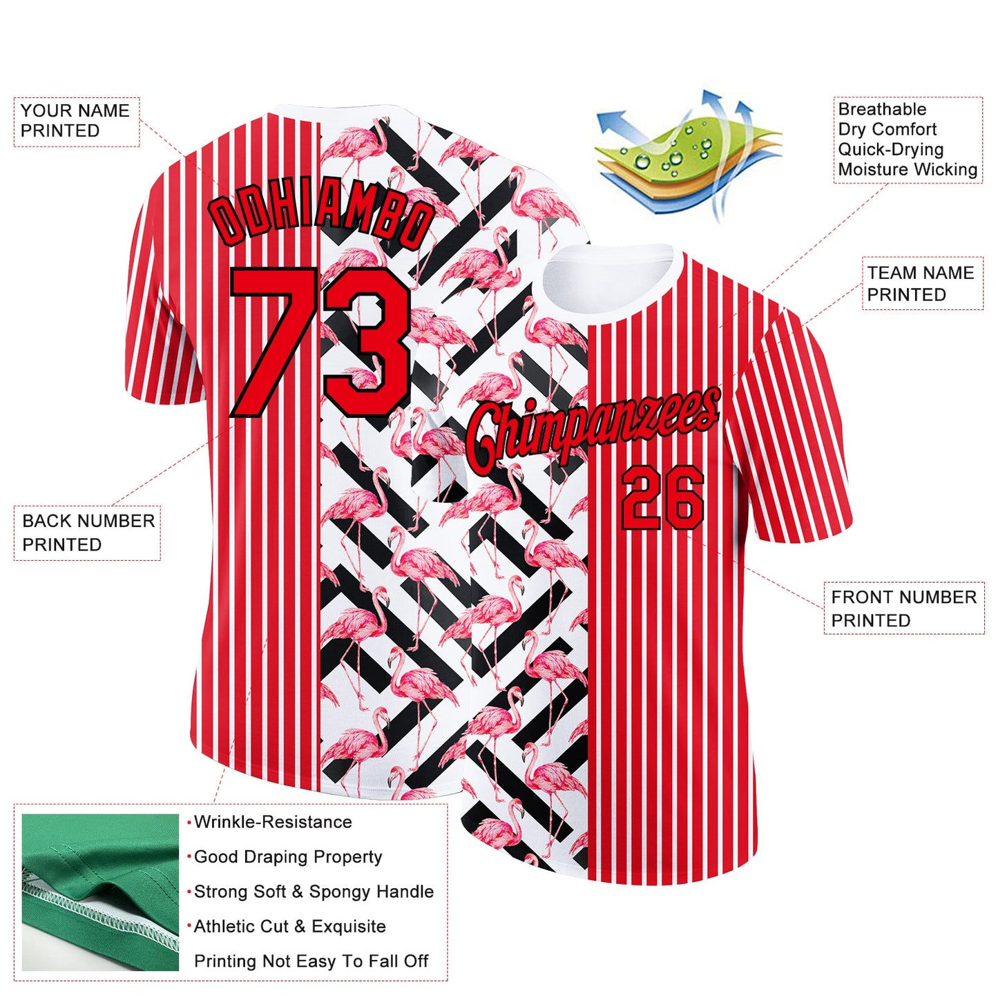 Custom Fire Red Black-White 3D Pattern Design Animal Flamingo Performance T-Shirt view 2