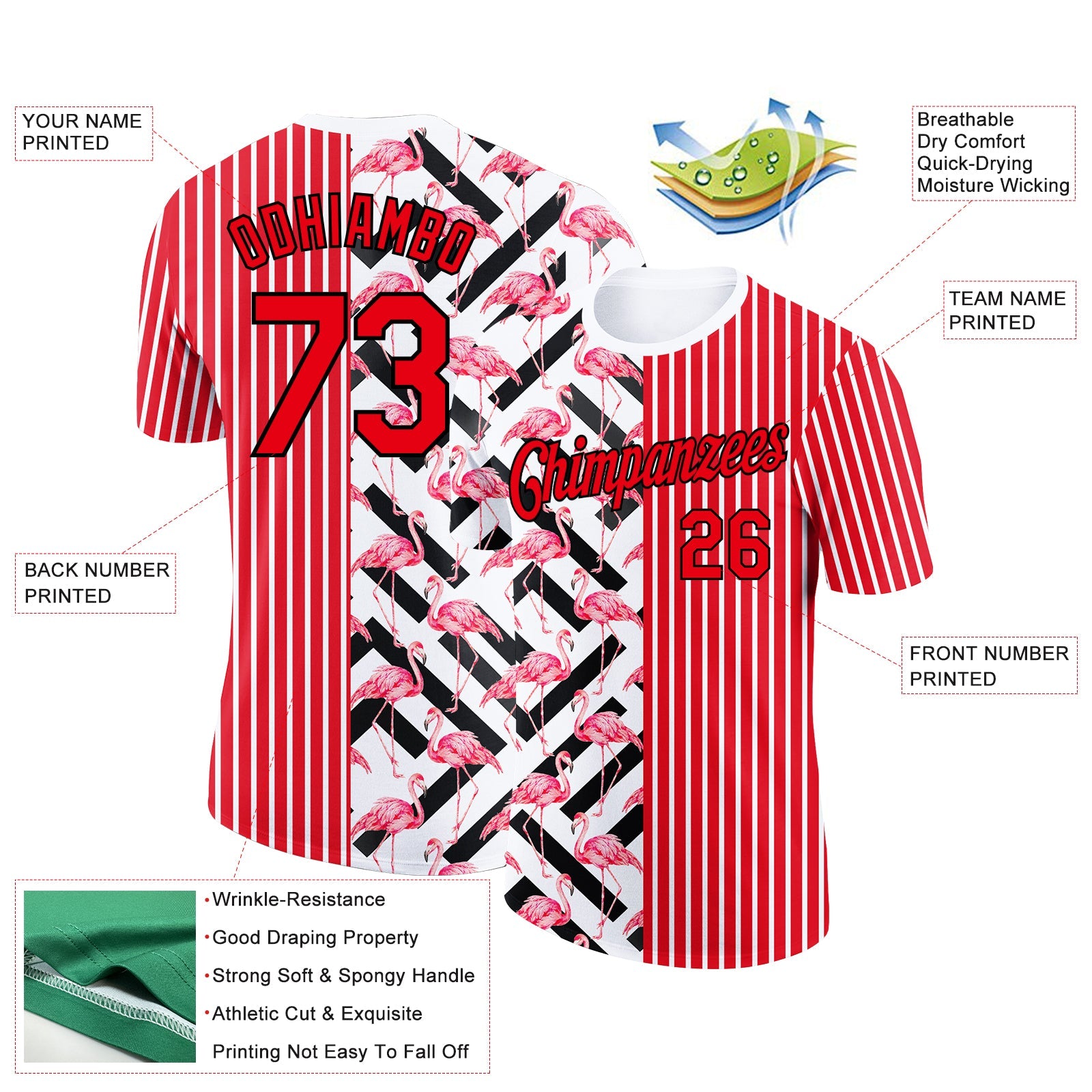 Custom Fire Red Black-White 3D Pattern Design Animal Flamingo Performance T-Shirt view 2