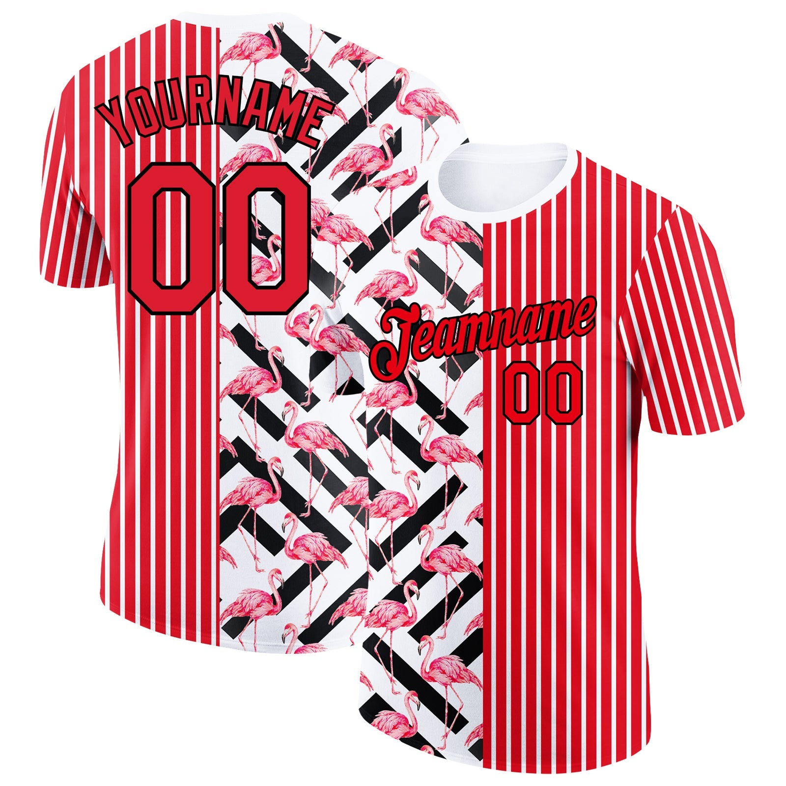 Custom Fire Red Black-White 3D Pattern Design Animal Flamingo Performance T-Shirt - Main View