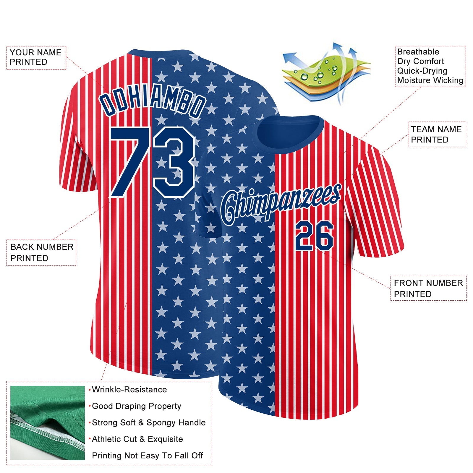 Custom Fire Red US Navy Blue-White 3D Pattern Design Star Performance T-Shirt view 2