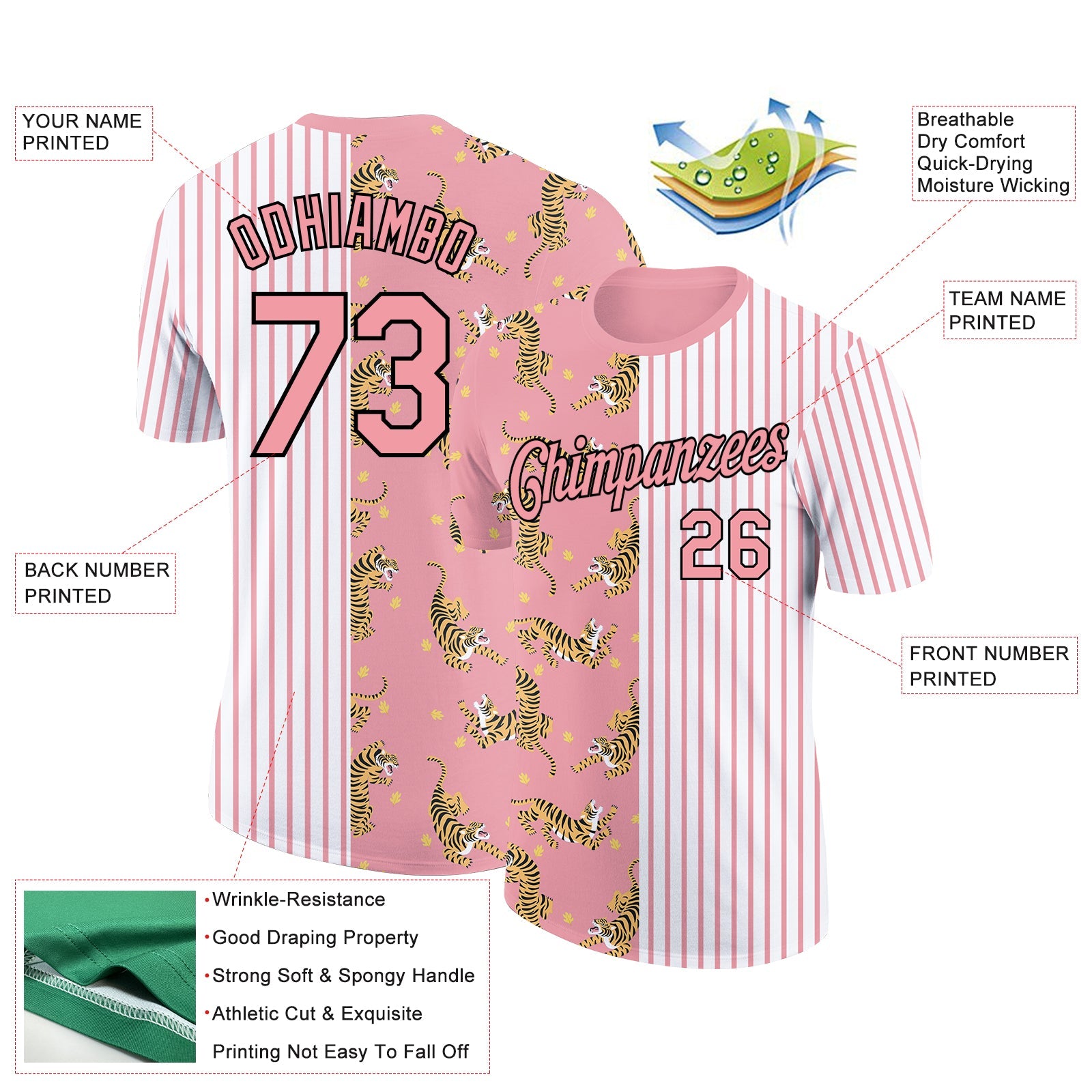 Custom Medium Pink Black-White 3D Pattern Design Animal Tiger Performance T-Shirt view 2