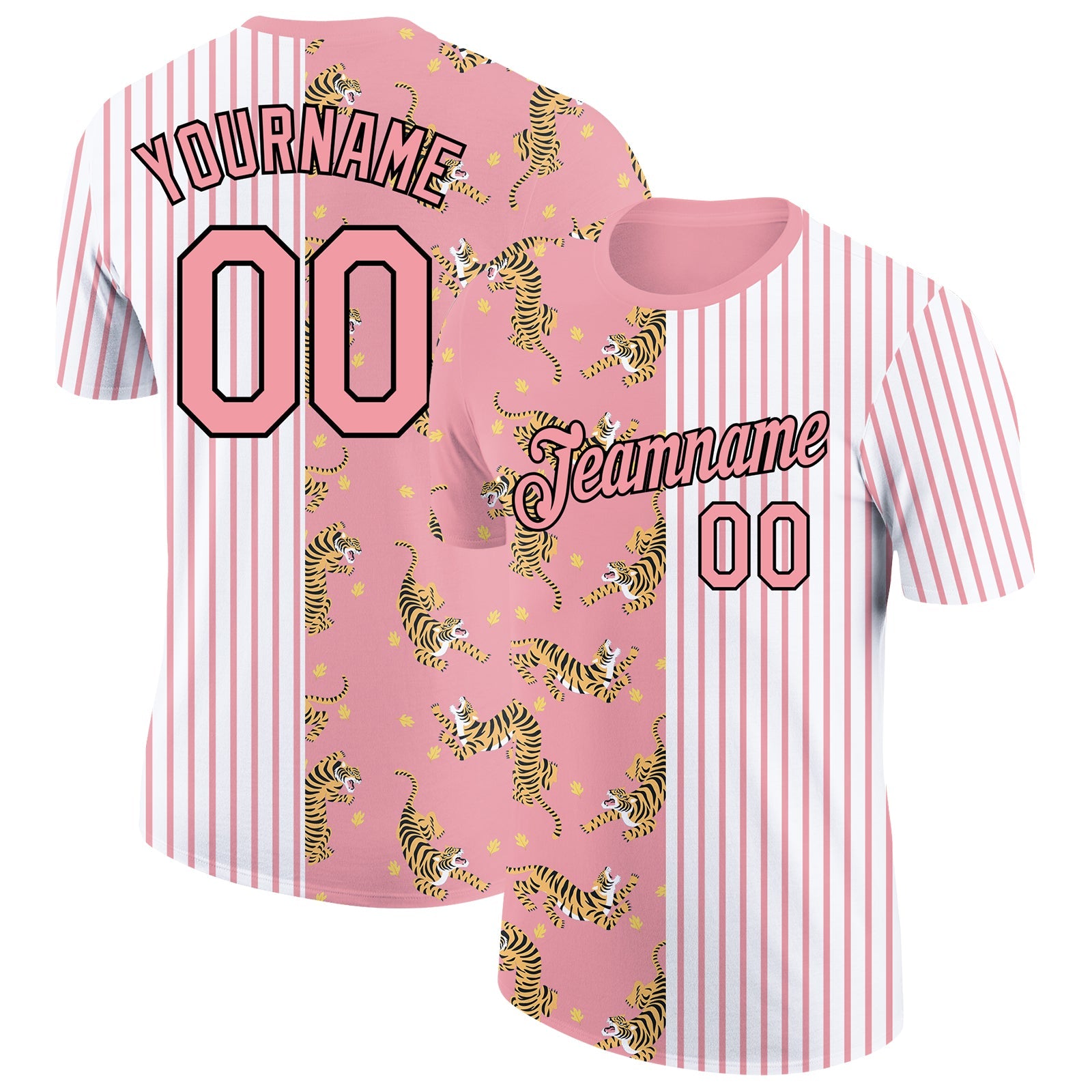 Custom Medium Pink Black-White 3D Pattern Design Animal Tiger Performance T-Shirt - Main View