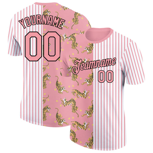 Custom Medium Pink Black-White 3D Pattern Design Animal Tiger Performance T-Shirt - Main View