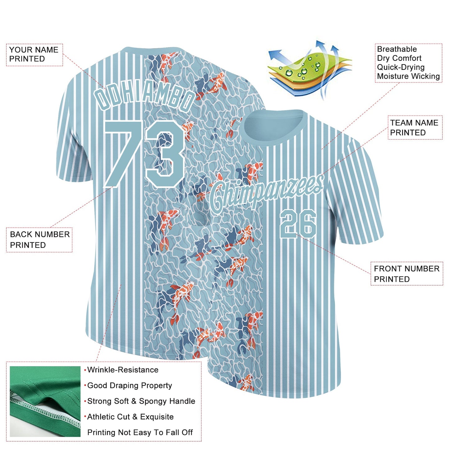Custom Shadow Blue White 3D Pattern Design Animal Fish Performance T-Shirt view 2