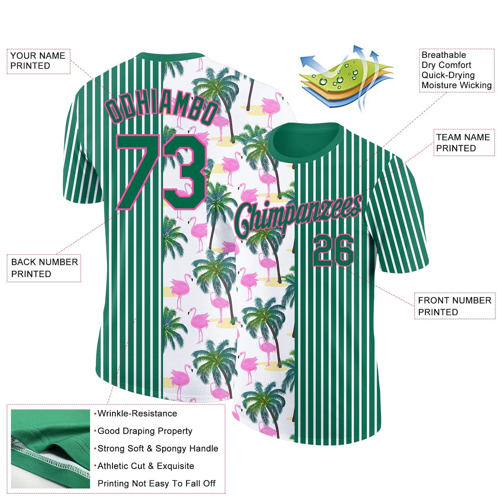 Custom Kelly Green Pink-White 3D Tropical Hawaii Palm Tree And Animal Flamingo Performance T-Shirt view 2
