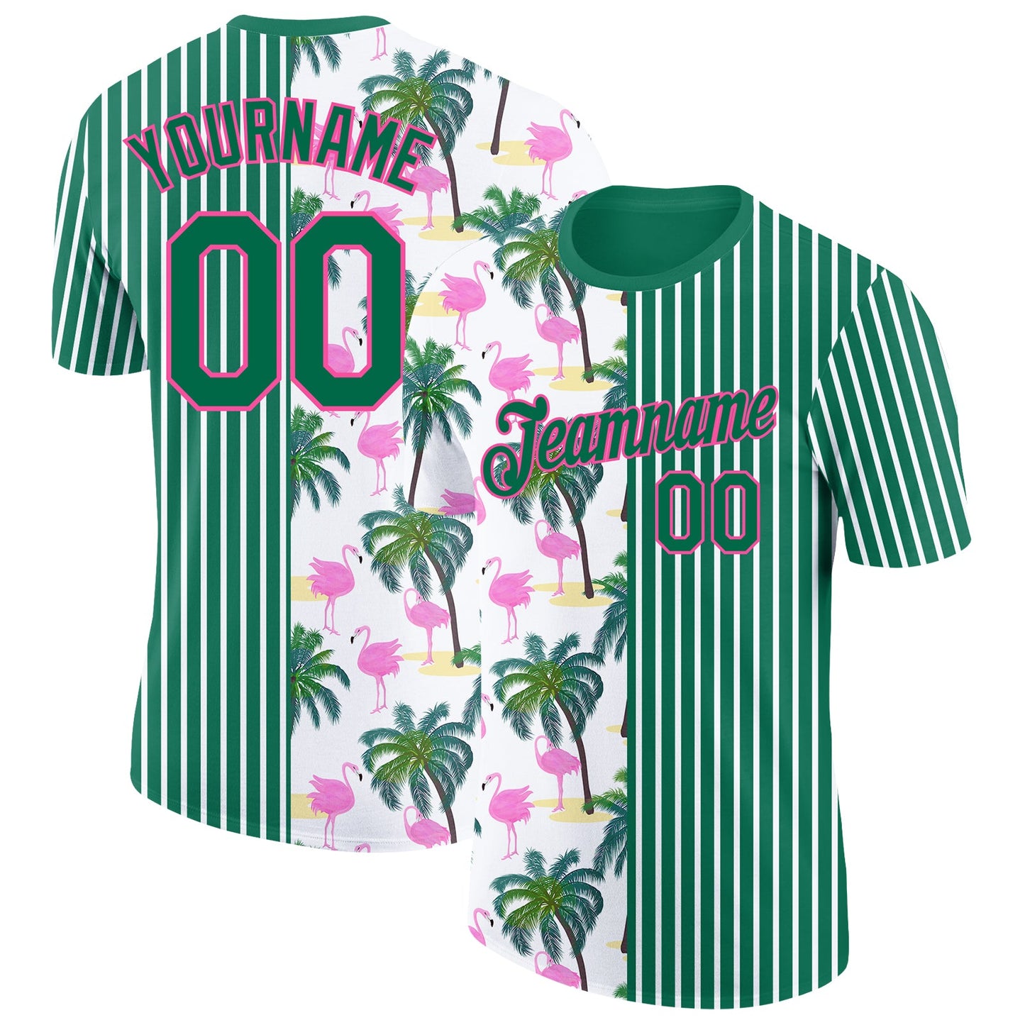 Custom Kelly Green Pink-White 3D Tropical Hawaii Palm Tree And Animal Flamingo Performance T-Shirt - Main View