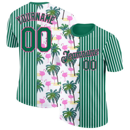 Custom Kelly Green Pink-White 3D Tropical Hawaii Palm Tree And Animal Flamingo Performance T-Shirt - Main View