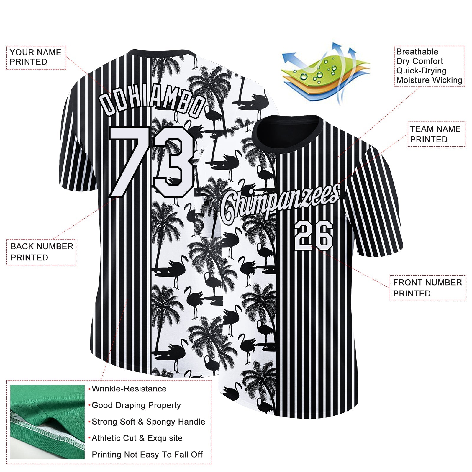 Custom Black White 3D Tropical Hawaii Palm Tree And Animal Flamingo Performance T-Shirt view 2