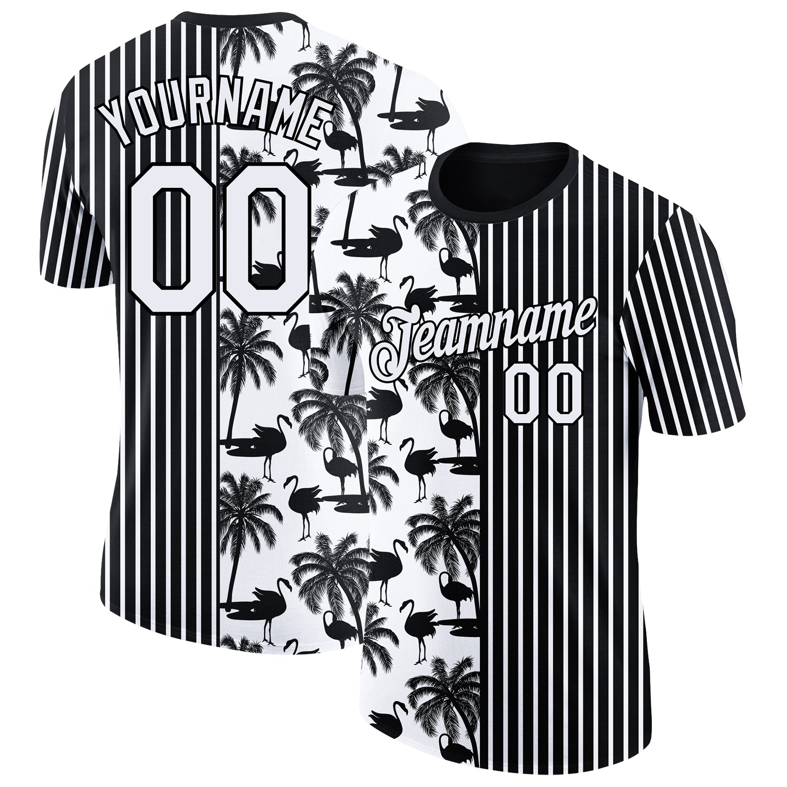 Custom Black White 3D Tropical Hawaii Palm Tree And Animal Flamingo Performance T-Shirt - Main View