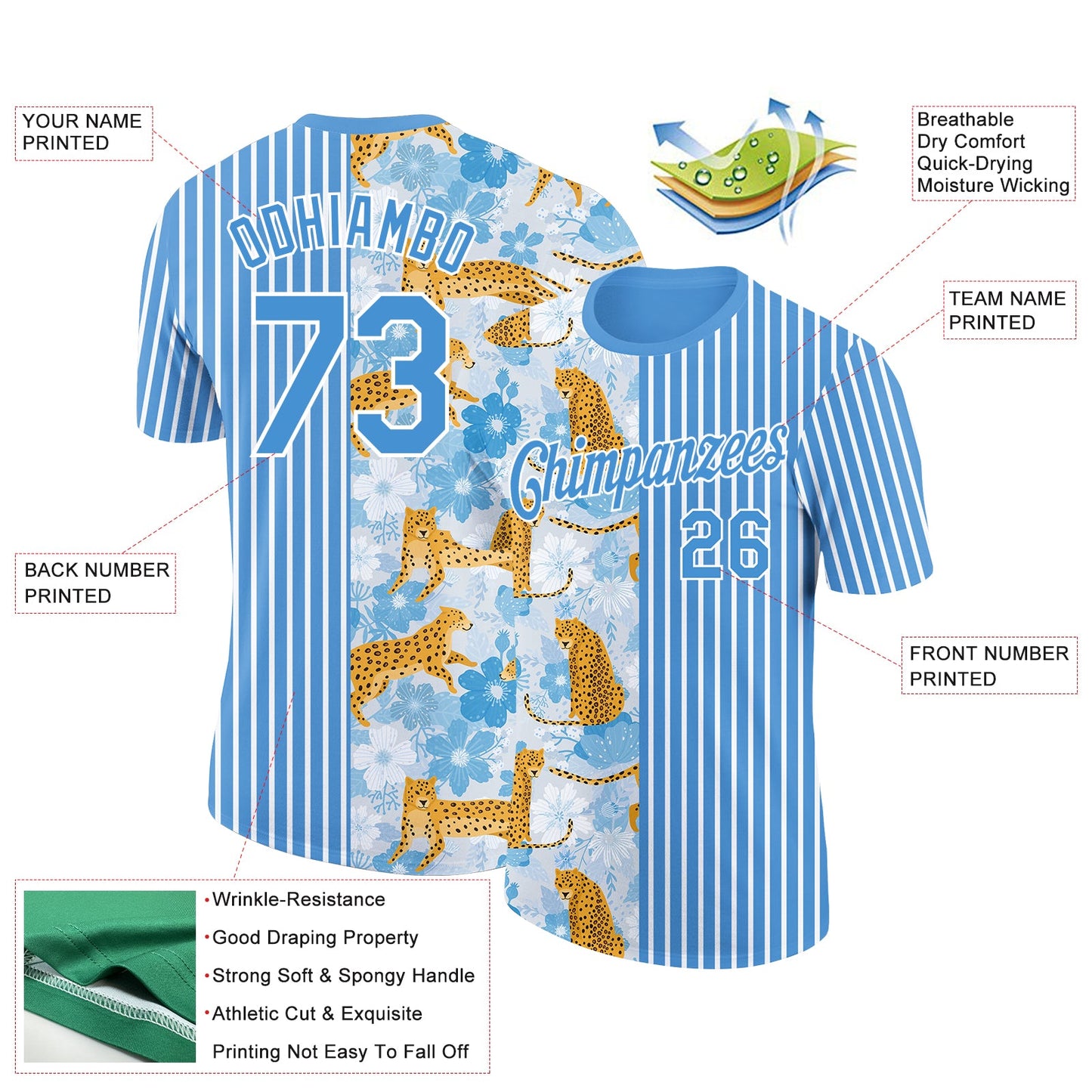 Custom Powder Blue White 3D Pattern Design Animal Leopard Performance T-Shirt view 2