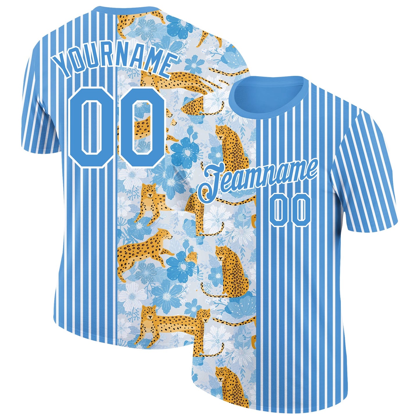 Custom Powder Blue White 3D Pattern Design Animal Leopard Performance T-Shirt - Main View