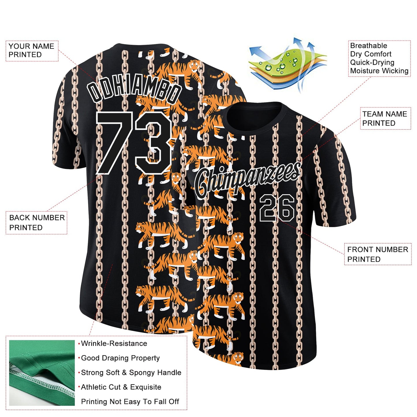 Custom Black White 3D Pattern Design Animal Tiger Performance T-Shirt view 2