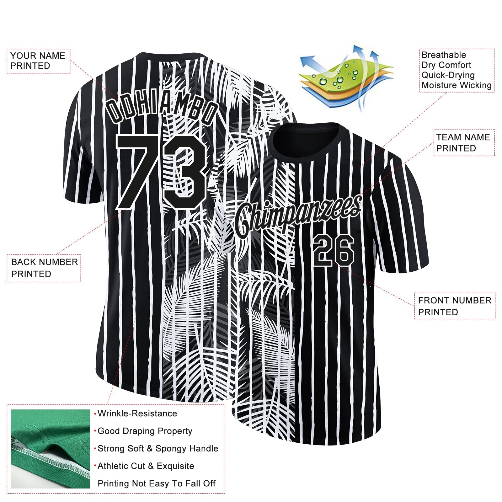 Custom Black White 3D Tropical Hawaii Palm Leaves Performance T-Shirt view 2