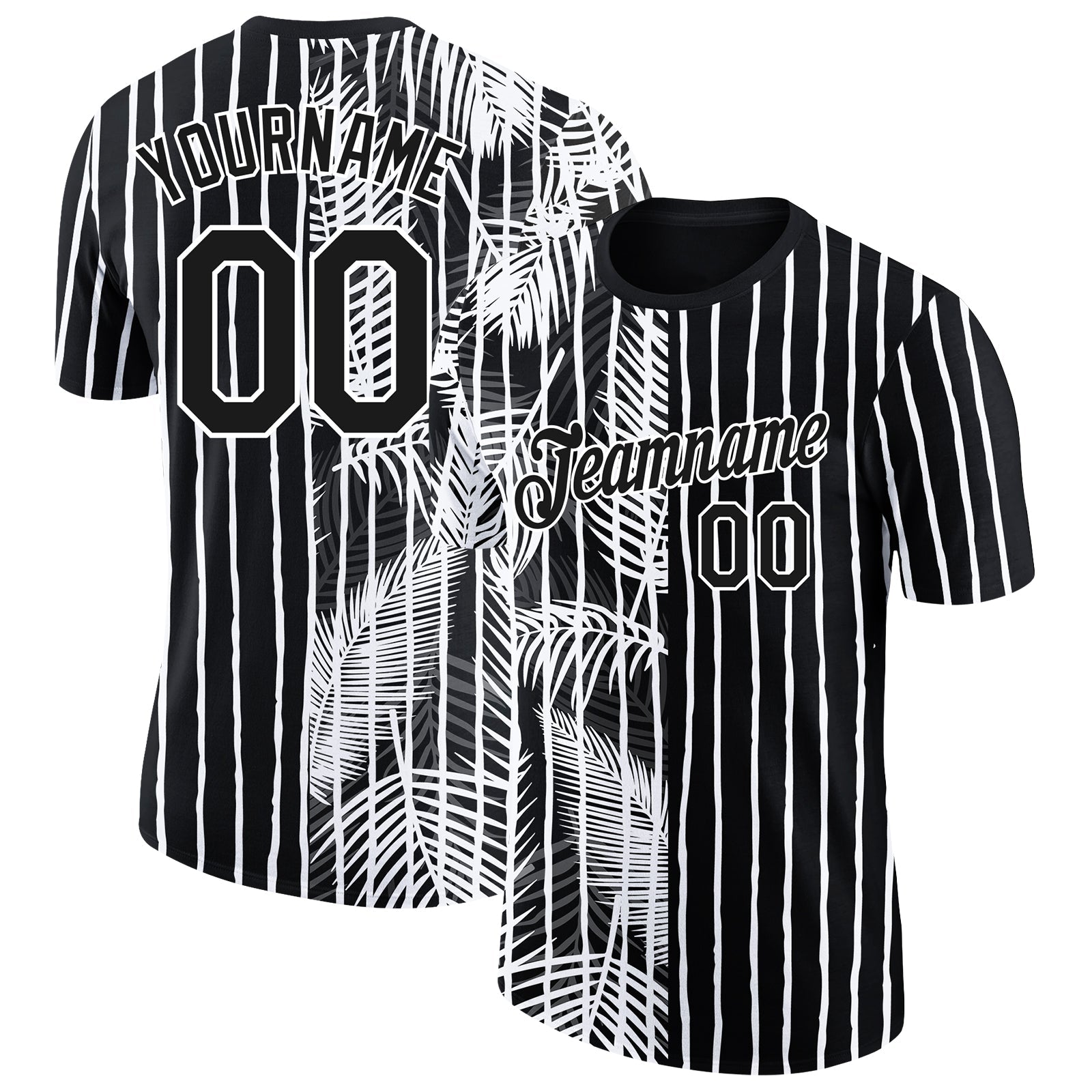 Custom Black White 3D Tropical Hawaii Palm Leaves Performance T-Shirt - Main View
