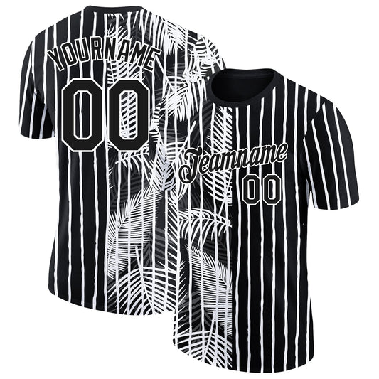 Custom Black White 3D Tropical Hawaii Palm Leaves Performance T-Shirt - Main View
