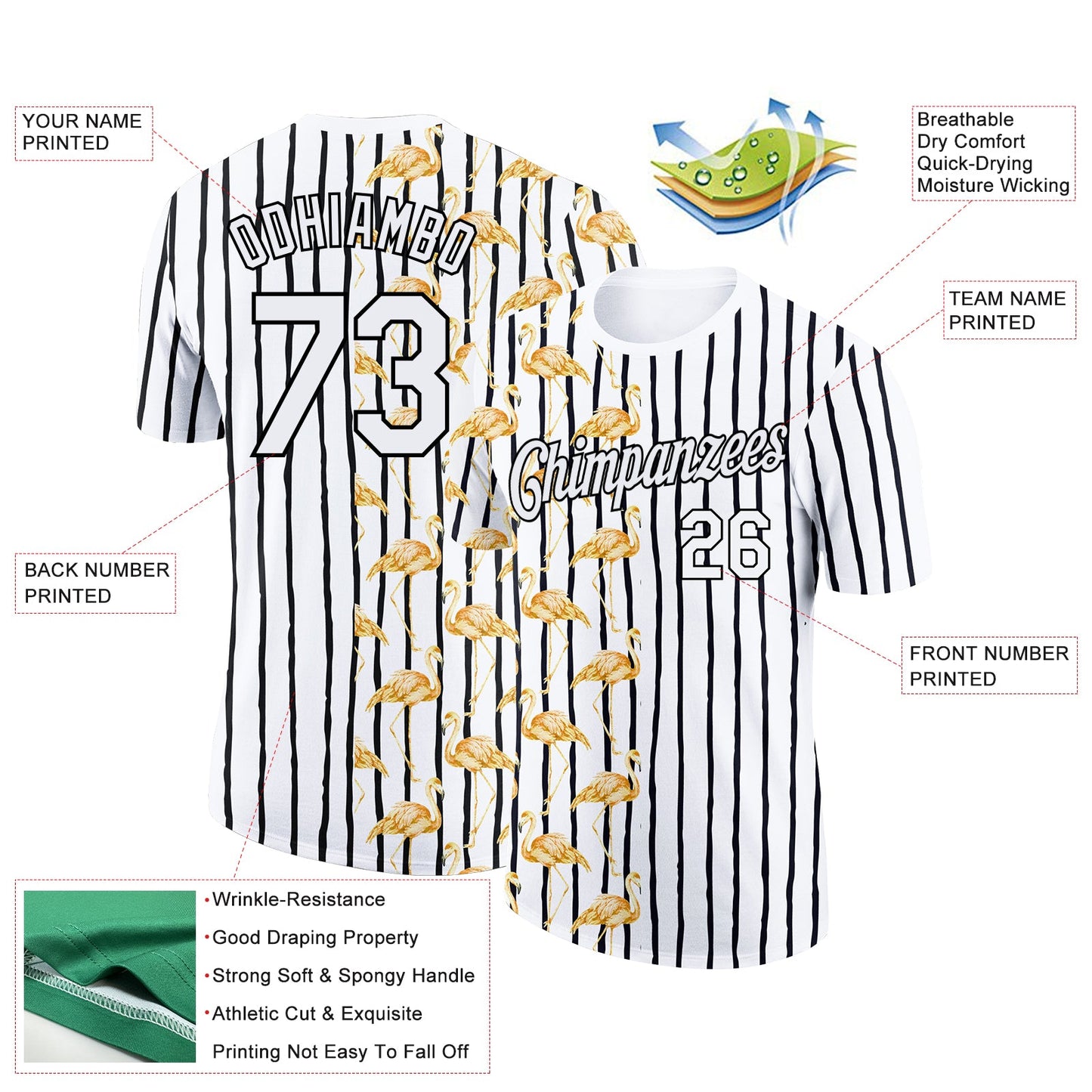 Custom Black White 3D Pattern Design Animal Flamingo Performance T-Shirt view 2