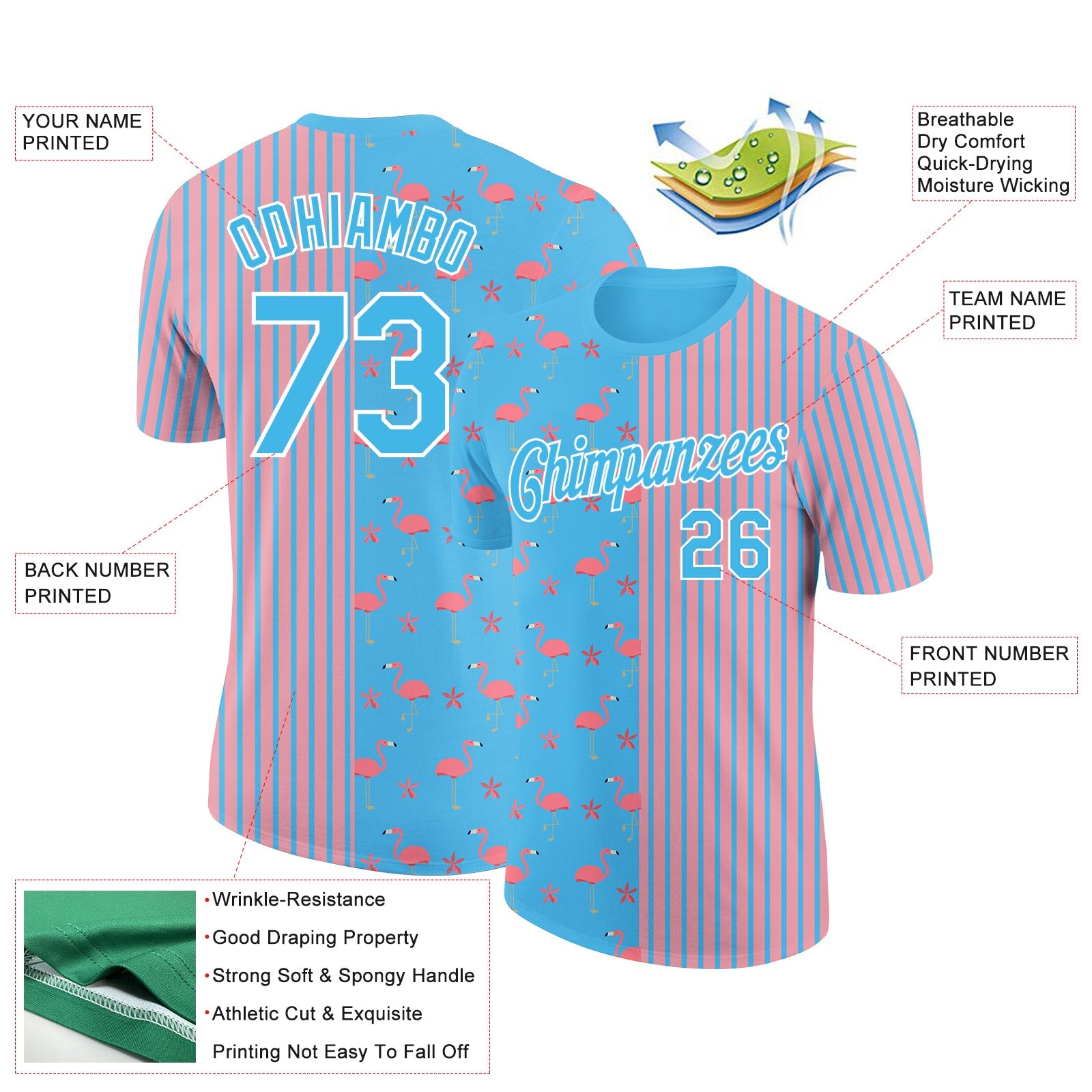 Custom Sky Blue Medium Pink-White 3D Pattern Design Animal Flamingo Performance T-Shirt view 2