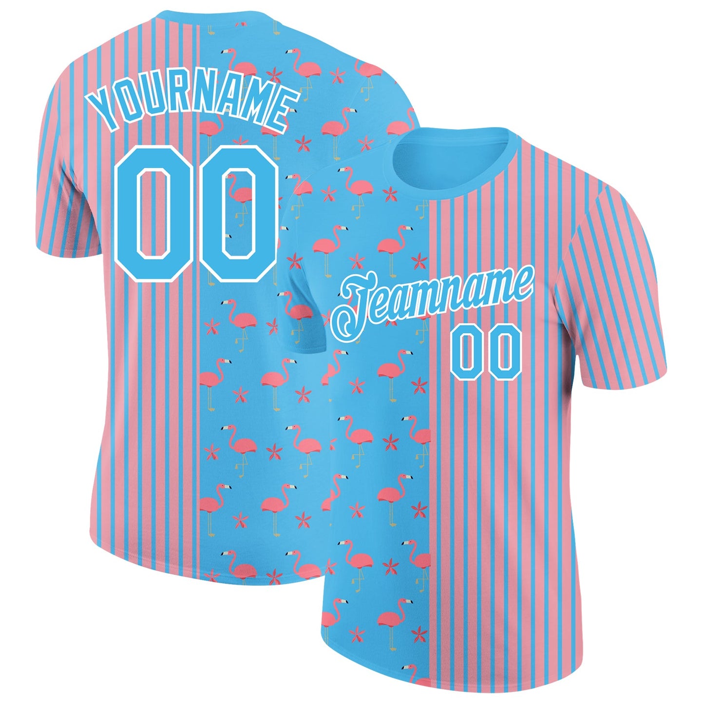 Custom Sky Blue Medium Pink-White 3D Pattern Design Animal Flamingo Performance T-Shirt - Main View