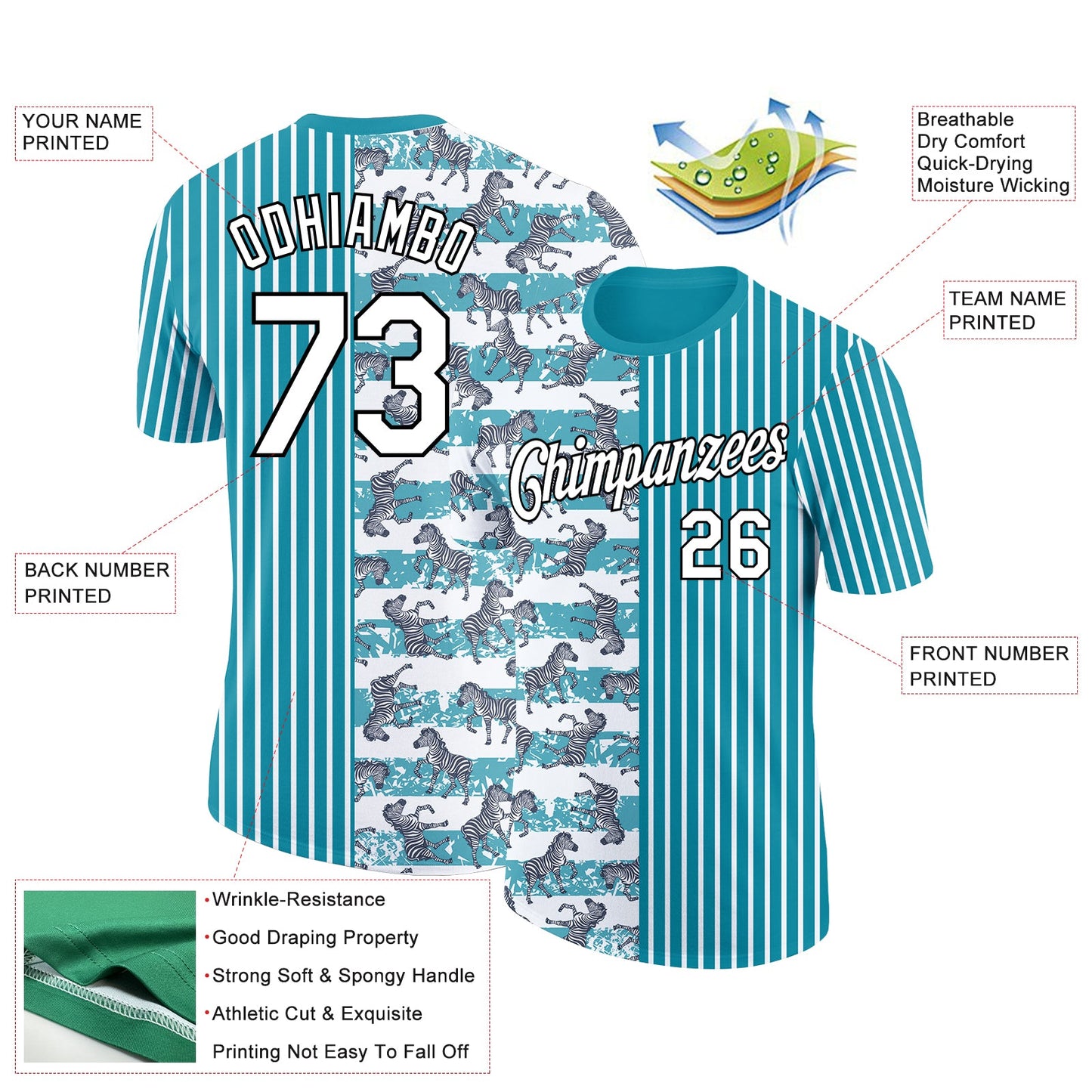 Custom Teal White-Black 3D Pattern Design Animal Zebra Performance T-Shirt view 2