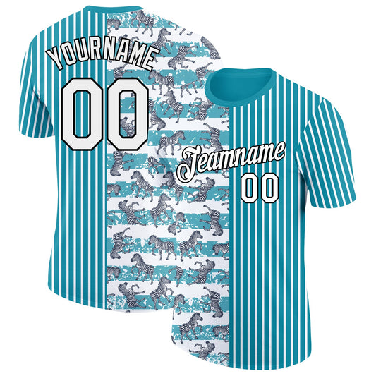 Custom Teal White-Black 3D Pattern Design Animal Zebra Performance T-Shirt - Main View