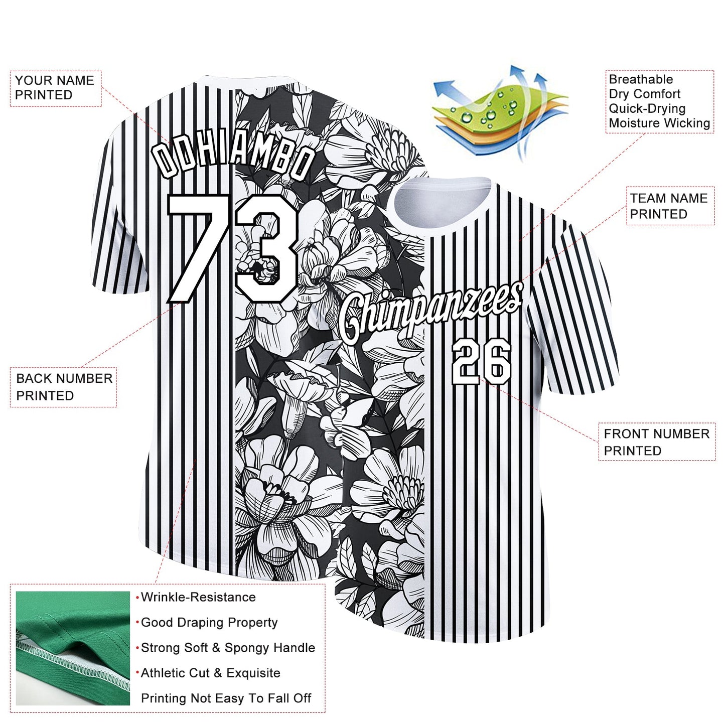 Custom White Black 3D Pattern Design Flower Performance T-Shirt view 2