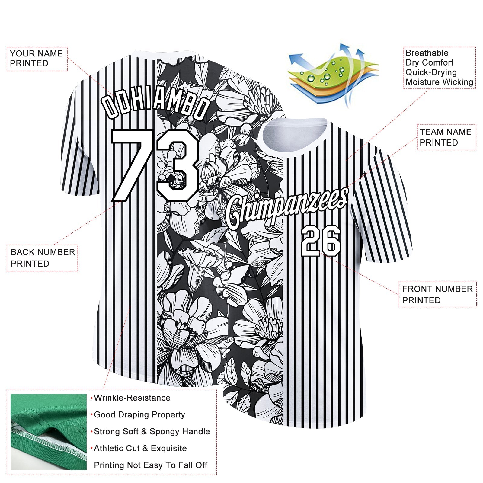 Custom White Black 3D Pattern Design Flower Performance T-Shirt view 2