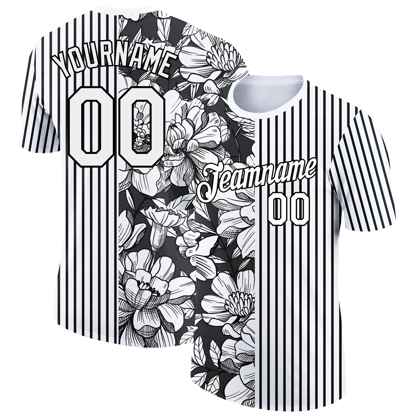 Custom White Black 3D Pattern Design Flower Performance T-Shirt - Main View