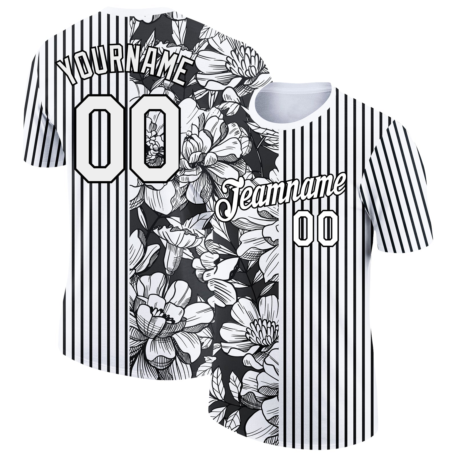 Custom White Black 3D Pattern Design Flower Performance T-Shirt - Main View