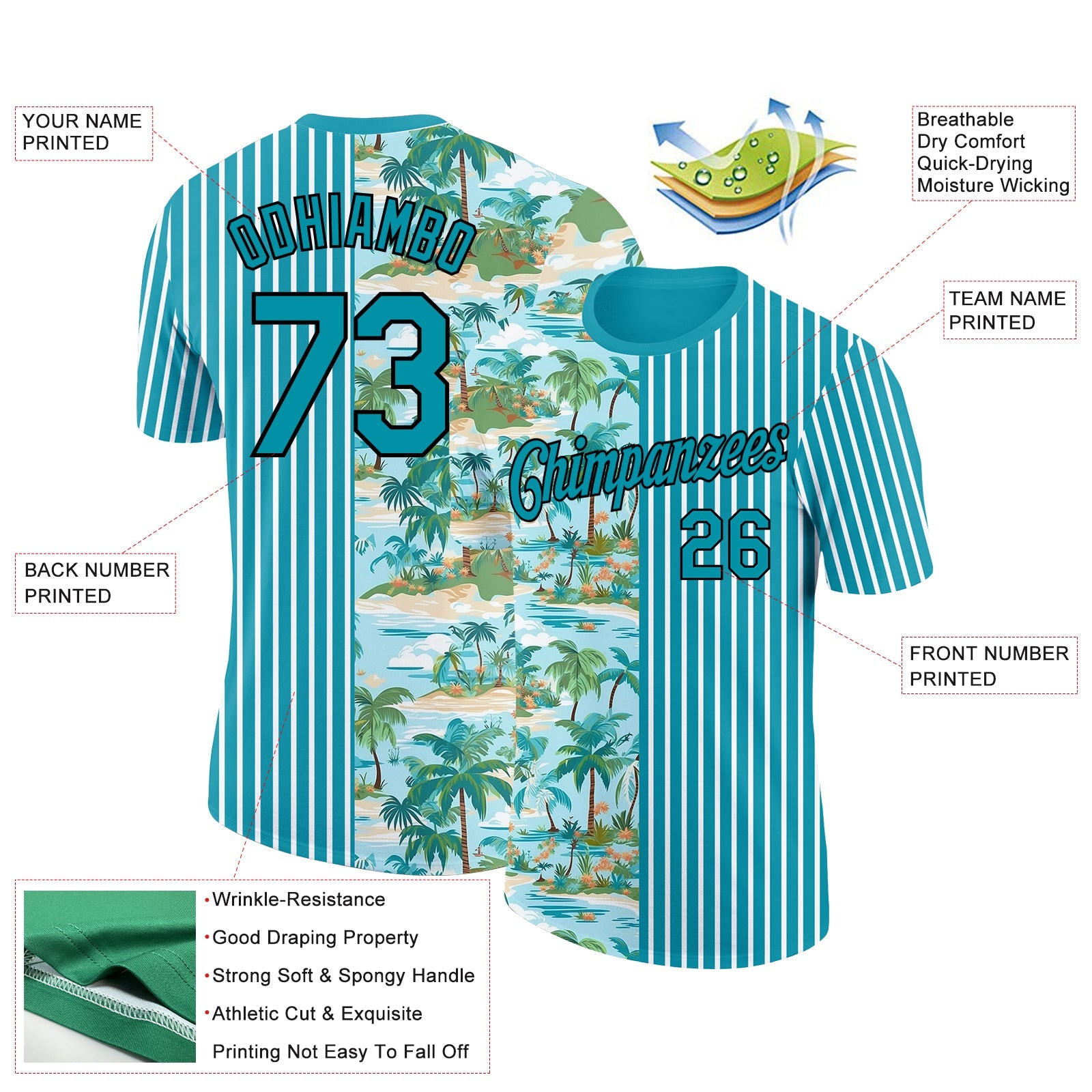 Custom Teal Black-White 3D Tropical Hawaii Beach And Palm Trees Performance T-Shirt view 2