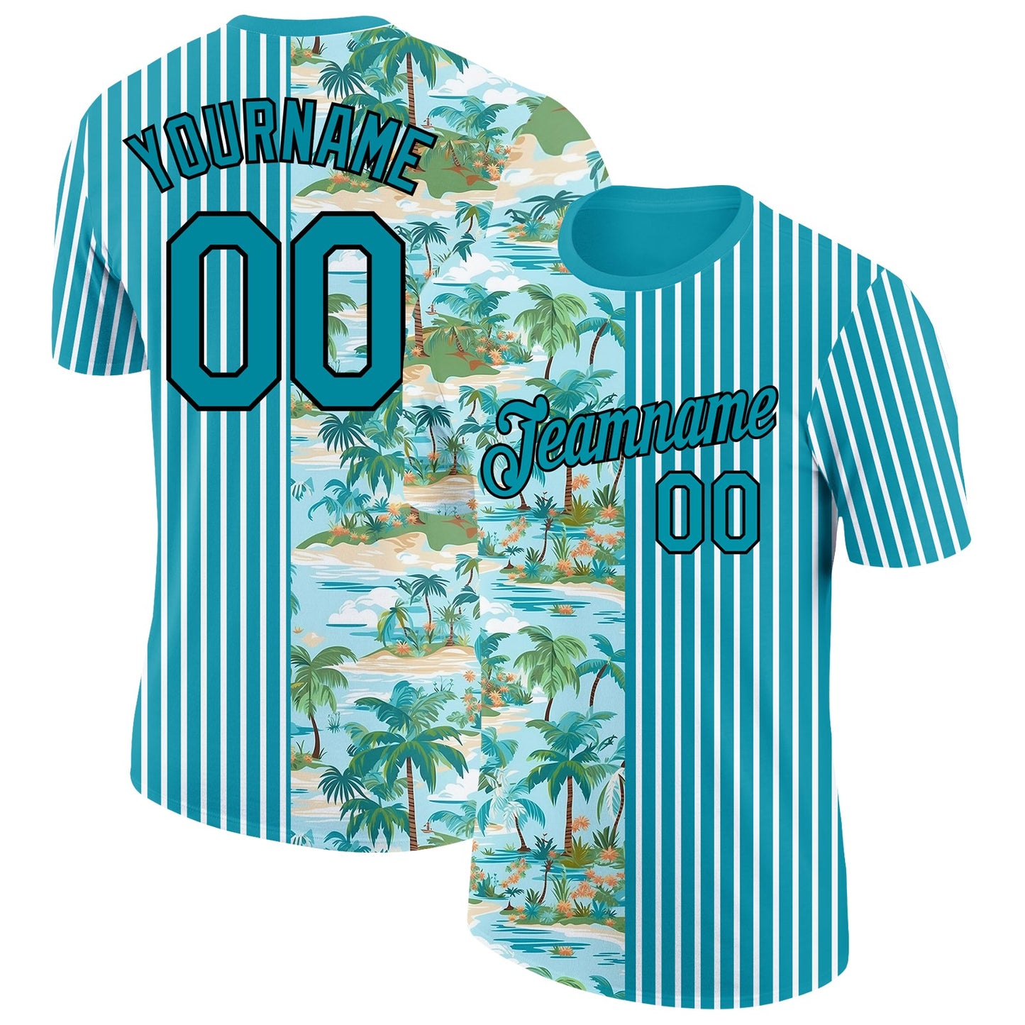 Custom Teal Black-White 3D Tropical Hawaii Beach And Palm Trees Performance T-Shirt - Main View