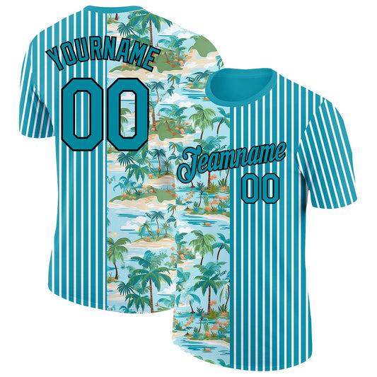 Custom Teal Black-White 3D Tropical Hawaii Beach And Palm Trees Performance T-Shirt - Main View