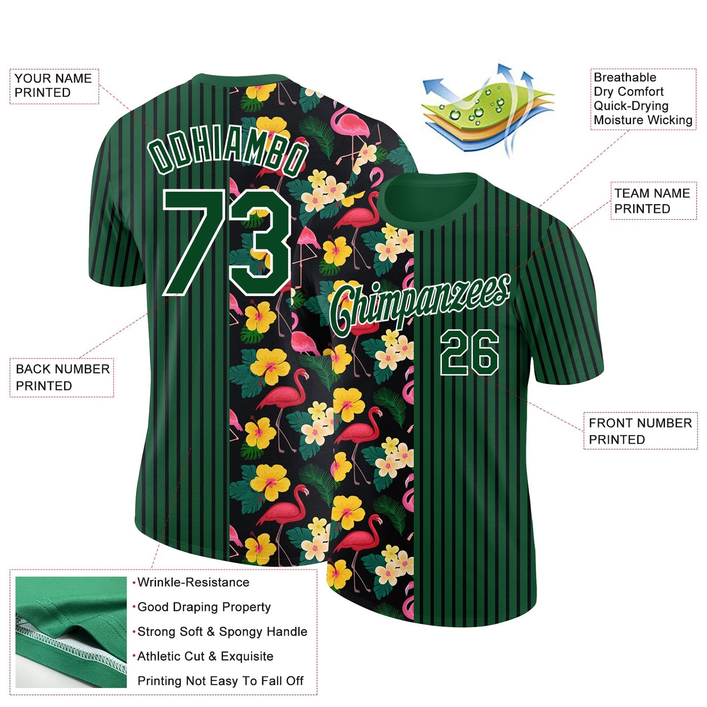 Custom Green Black-White 3D Tropical Hawaii Plant And Animal Flamingo Performance T-Shirt view 2