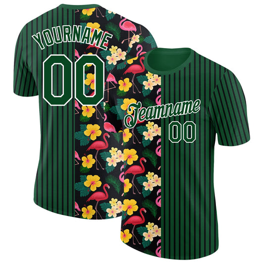 Custom Green Black-White 3D Tropical Hawaii Plant And Animal Flamingo Performance T-Shirt - Main View
