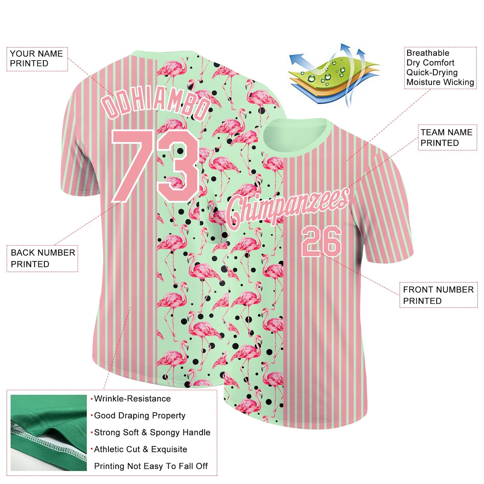 Custom Medium Pink Pea Green-White 3D Pattern Design Animal Flamingo Performance T-Shirt view 2
