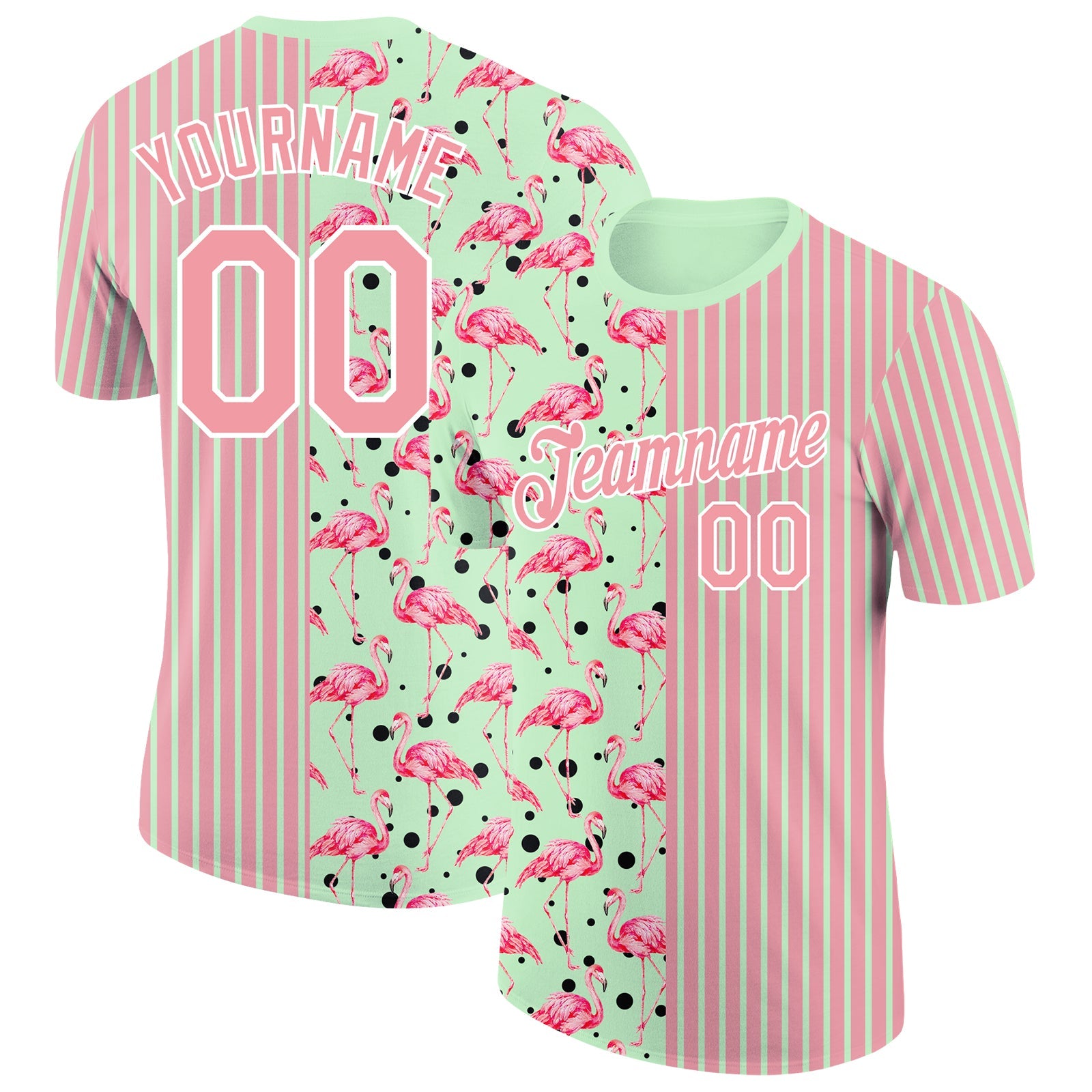 Custom Medium Pink Pea Green-White 3D Pattern Design Animal Flamingo Performance T-Shirt - Main View