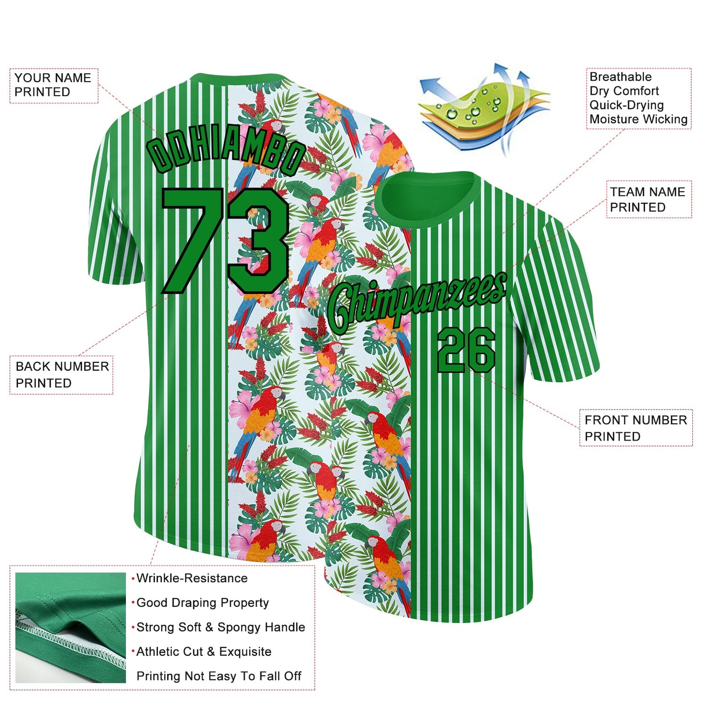 Custom Grass Green Black-White 3D Tropical Hawaii Leaves And Animal Parrot Performance T-Shirt view 2