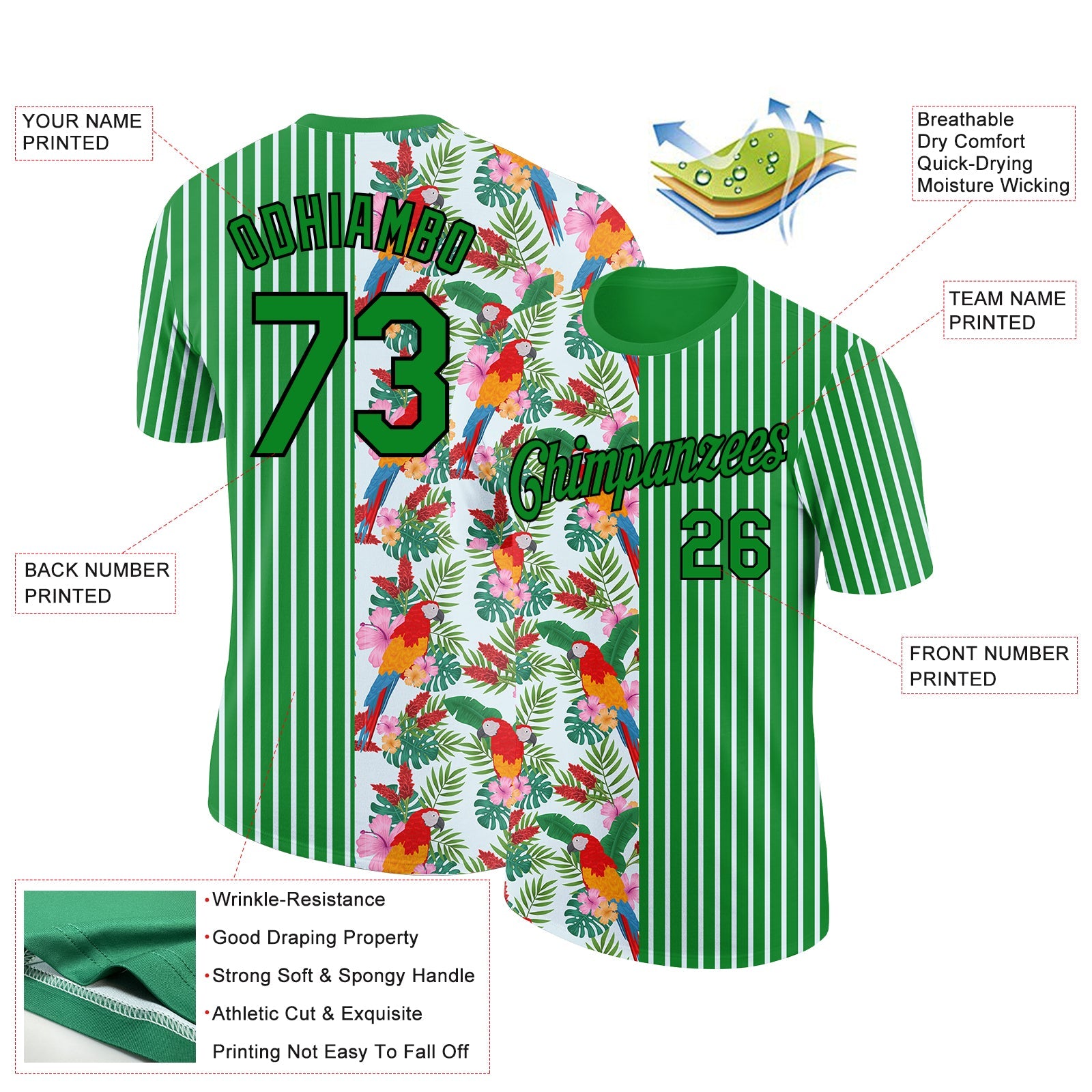 Custom Grass Green Black-White 3D Tropical Hawaii Leaves And Animal Parrot Performance T-Shirt view 2