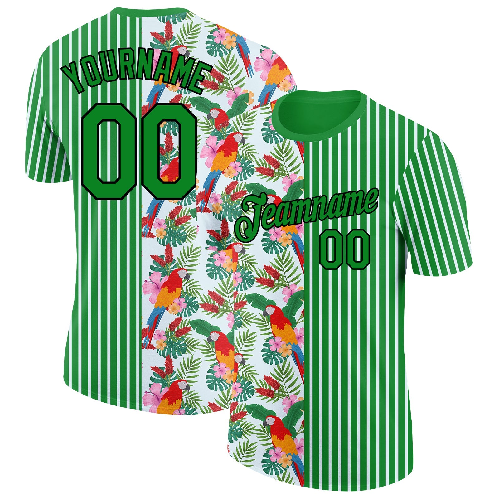 Custom Grass Green Black-White 3D Tropical Hawaii Leaves And Animal Parrot Performance T-Shirt - Main View