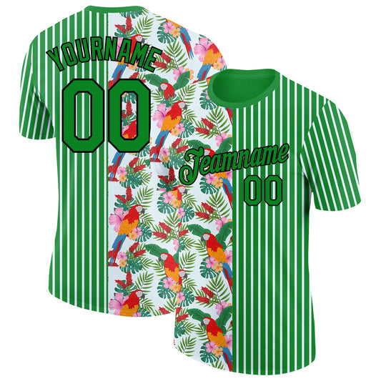 Custom Grass Green Black-White 3D Tropical Hawaii Leaves And Animal Parrot Performance T-Shirt - Main View