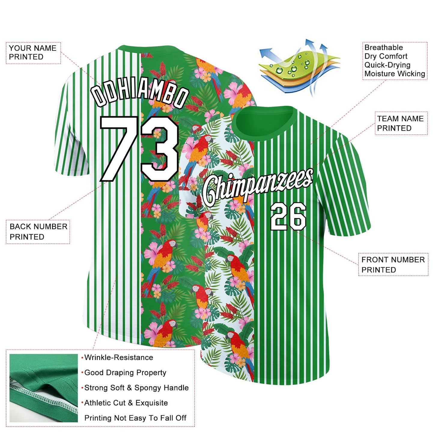 Custom White Grass Green-Black 3D Tropical Hawaii Leaves And Animal Parrot Performance T-Shirt view 2