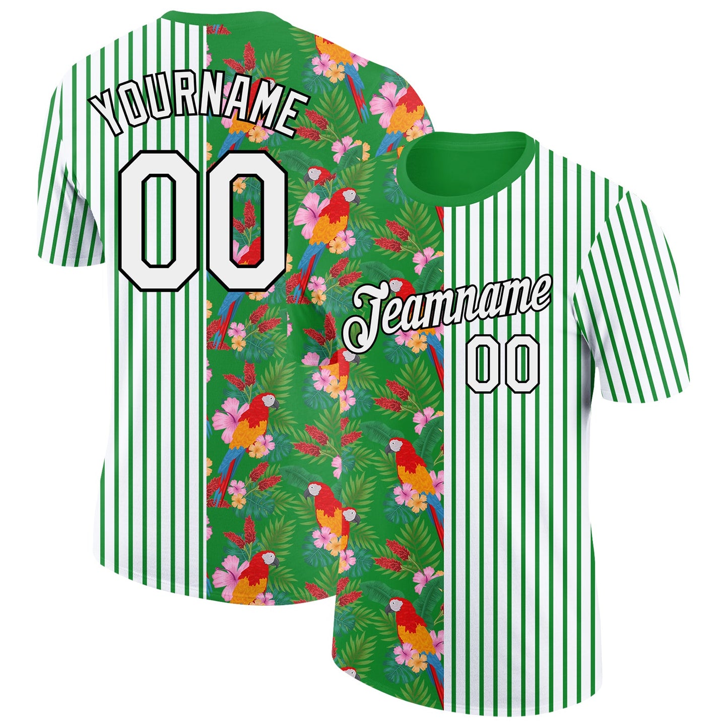 Custom White Grass Green-Black 3D Tropical Hawaii Leaves And Animal Parrot Performance T-Shirt - Main View