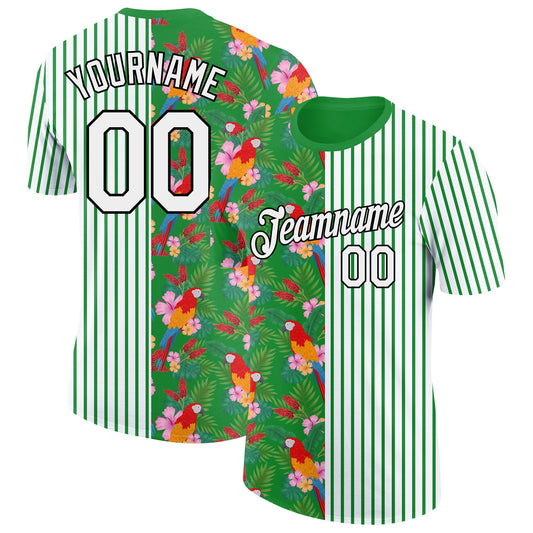 Custom White Grass Green-Black 3D Tropical Hawaii Leaves And Animal Parrot Performance T-Shirt - Main View