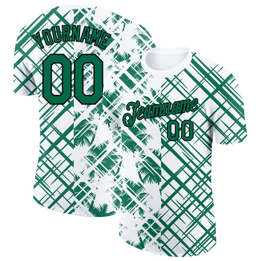 Custom White Kelly Green-Black 3D Tropical Hawaii Trees Performance T-Shirt - Main View