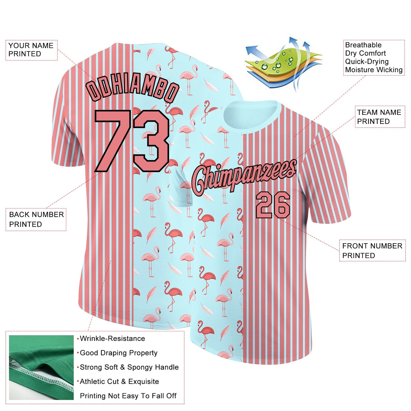 Custom Medium Pink Ice Blue-Black 3D Pattern Design Animal Flamingo Performance T-Shirt view 2